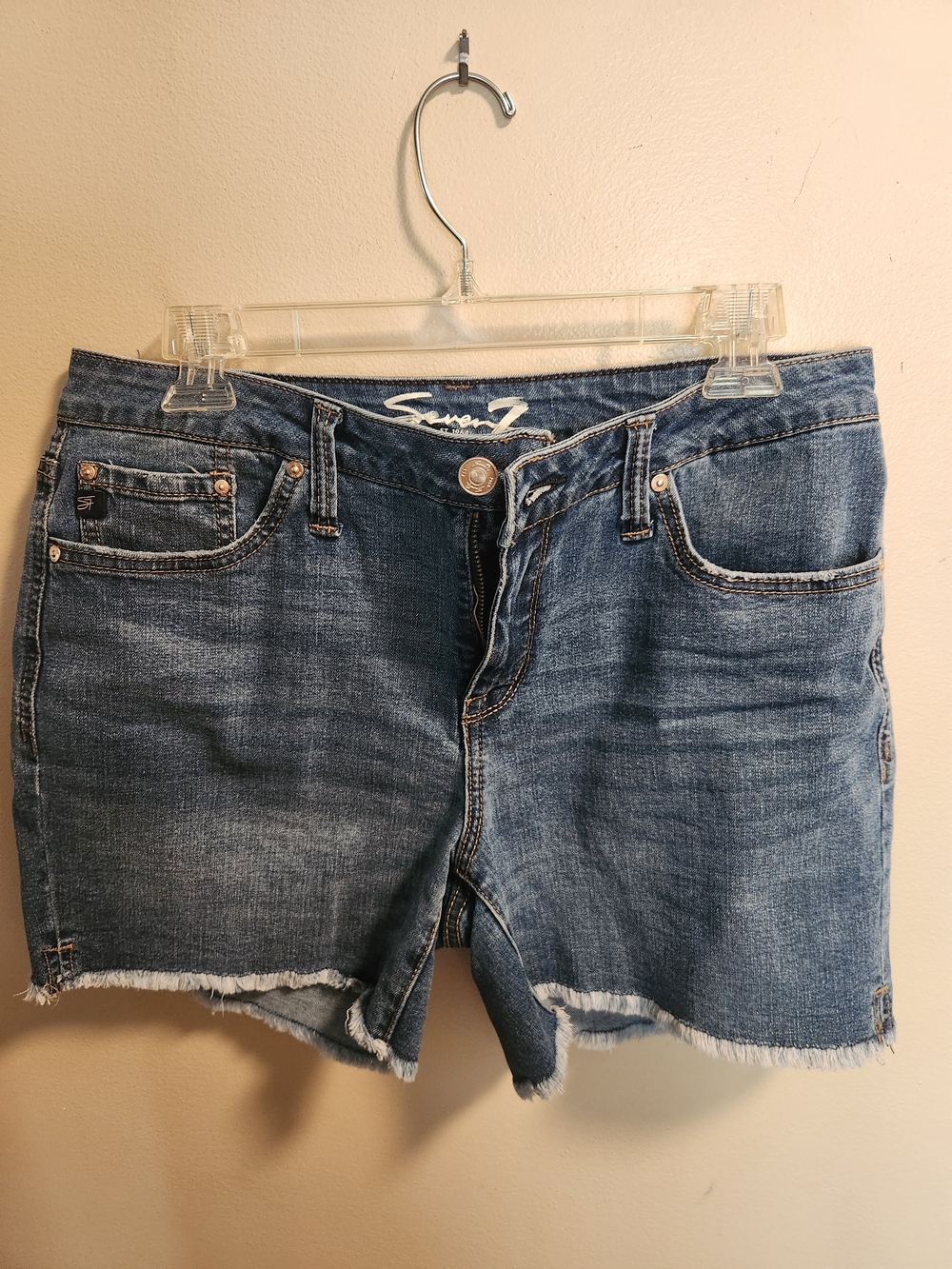 Seven7 Distressed Mid-Blue Denim Cutoff Shorts